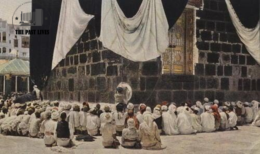 Pilgrims in 1953 praying in front of the Kaaba in Mecca
