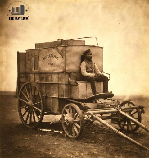 Marcus Sparling seated on Fenton's photographic van, Crimea 1855