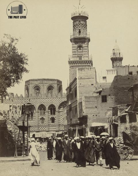 The moment worshippers exited the Mosque and Madrasa of Sultan Qalawun in Cairo, 1888